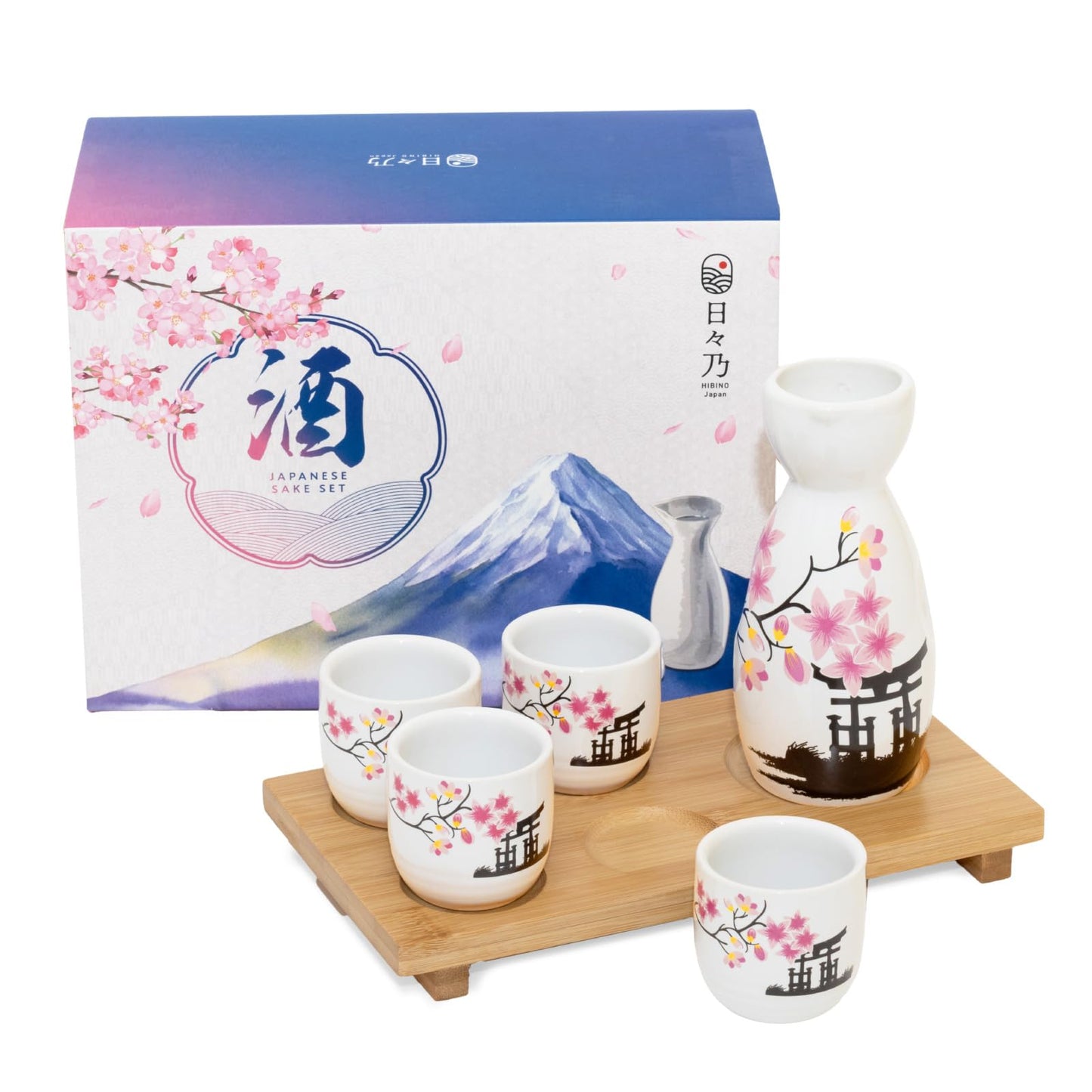 Renka "Sakura Dream" 5-Piece Ceramic Sake Set with Natural Bamboo Tray