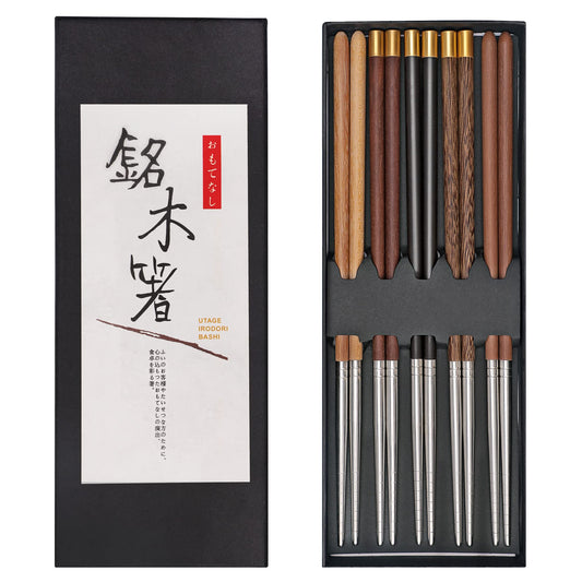 Renka Artisanal Fusion: 5-Pair Reusable Japanese Wood & Stainless Steel Chopstick Set with Gift Box