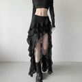 Renka Women's black lace ruffle asymmetrical hem skirt with layered ruffles and a high-low design.